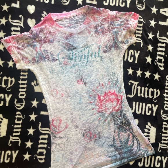 SINFUL AFFLICTION WOMENS TOP TATTOO BURNOUT 💀🖤 - Picture 8 of 10